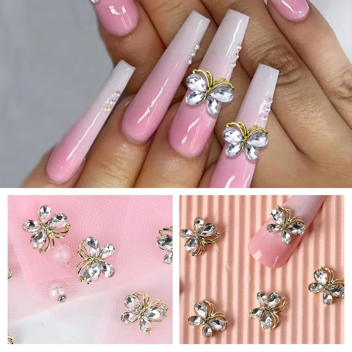 10 dijes de aleación 3D de mariposa para uñas, gemas de uñas, diamantes de imitación brillantes con forma de mariposas de cristal, accesorios para