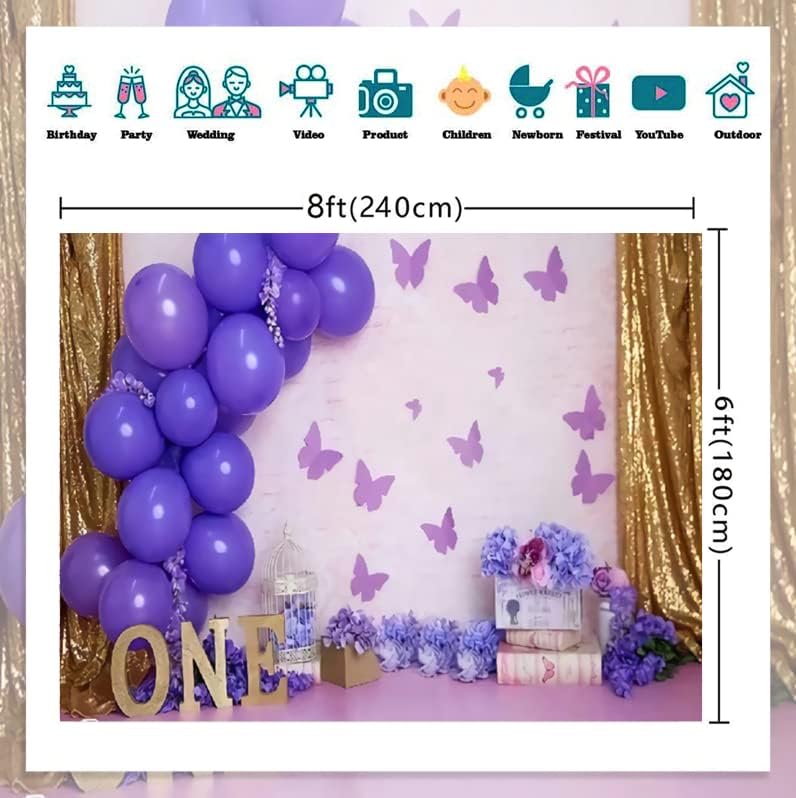 Telón de fondo morado, globo morado, mariposa, flores de papel para niñas y niños, telón de fondo para fiesta de primer cumpleaños, cortina dorada,