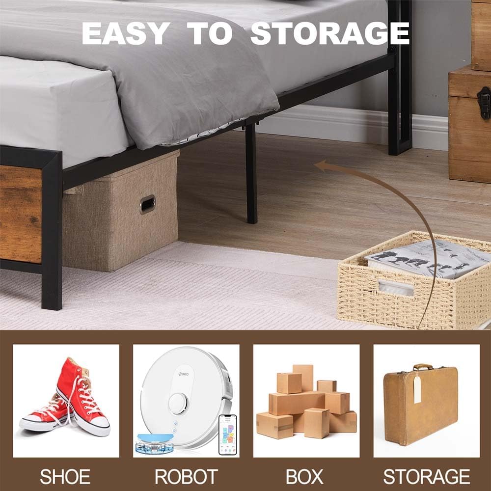 Base de cama de plataforma de metal tamaño Queen con cabecero y estribo de madera con luces USB y LED, no necesita somier, gran almacenamiento