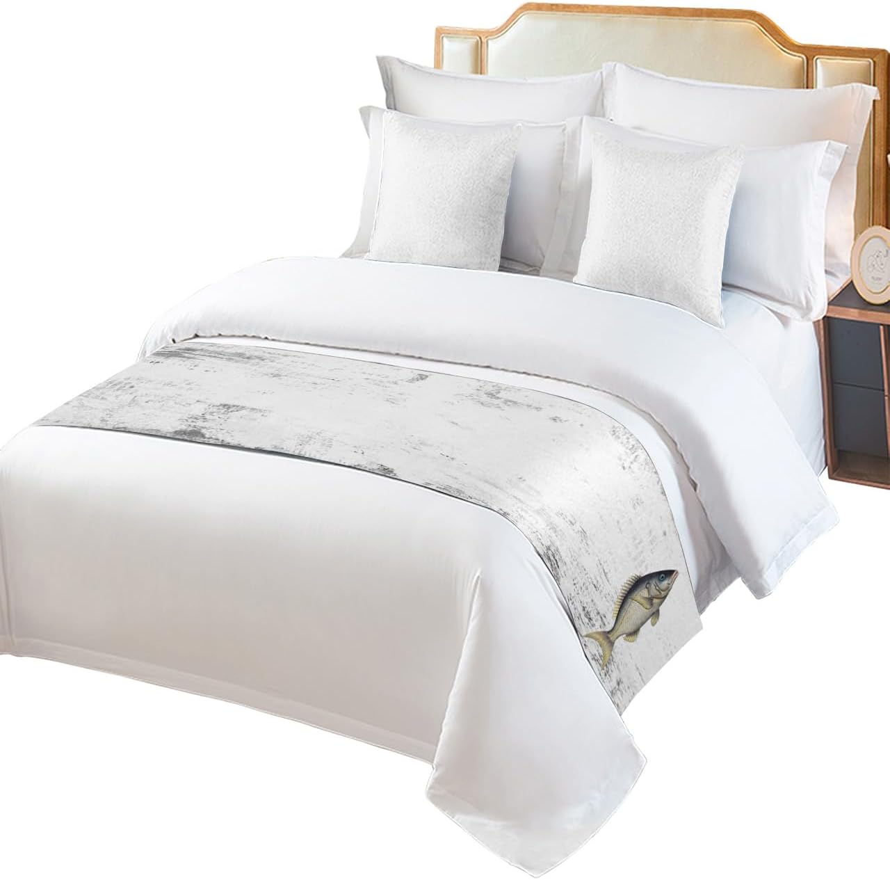Ocean Fish Bed Runners for Cal King Size Bed, Decorative Bed Throws for Foot of Bed, Grey Modern Oil Painting Abstract Art Aesthetics Bed Runner