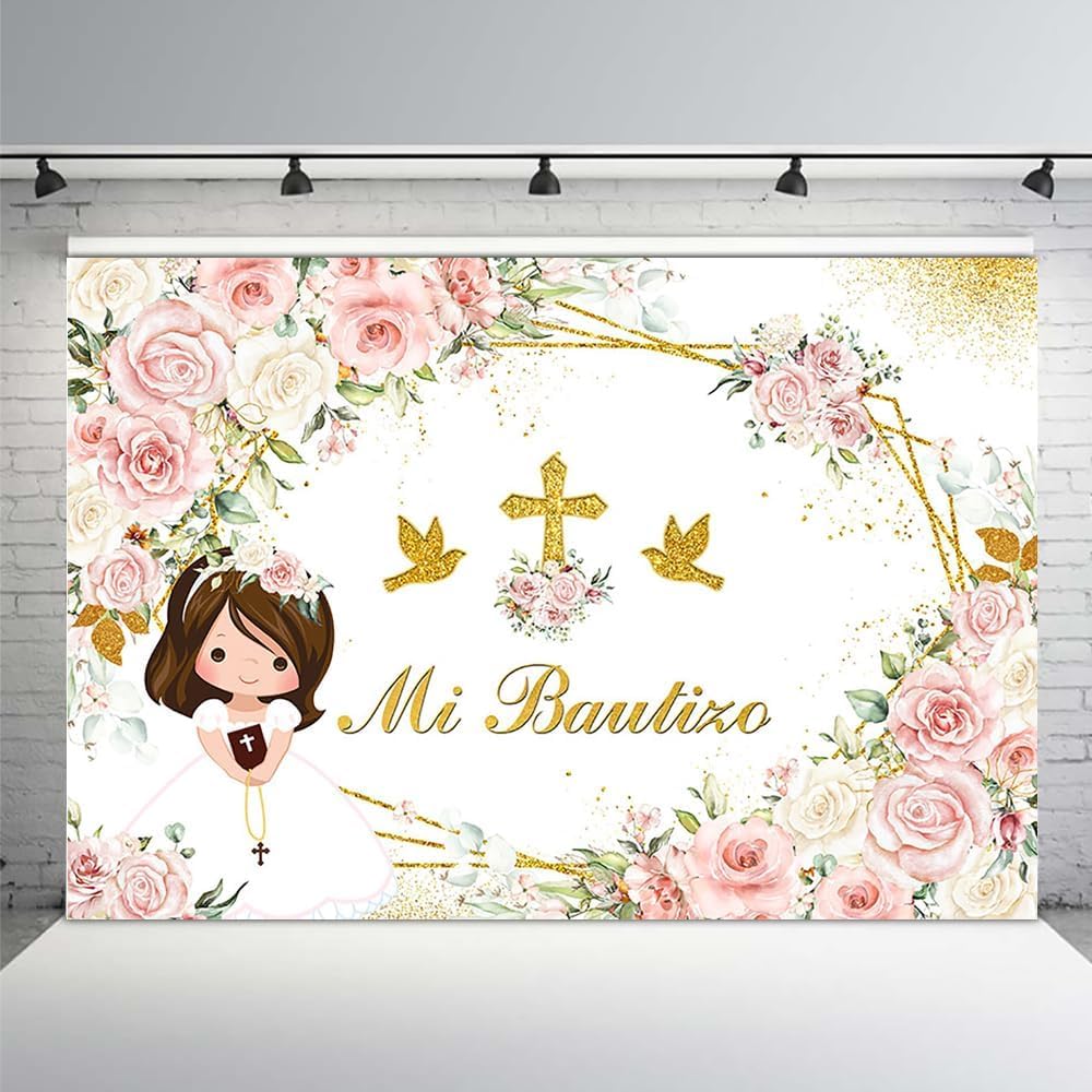 MEHOFOND Telón de fondo bohemio de 8 x 6 pies para bautizo con texto en inglés Mi Bautizo y Dios bendiga para la primera comunión, decoración de