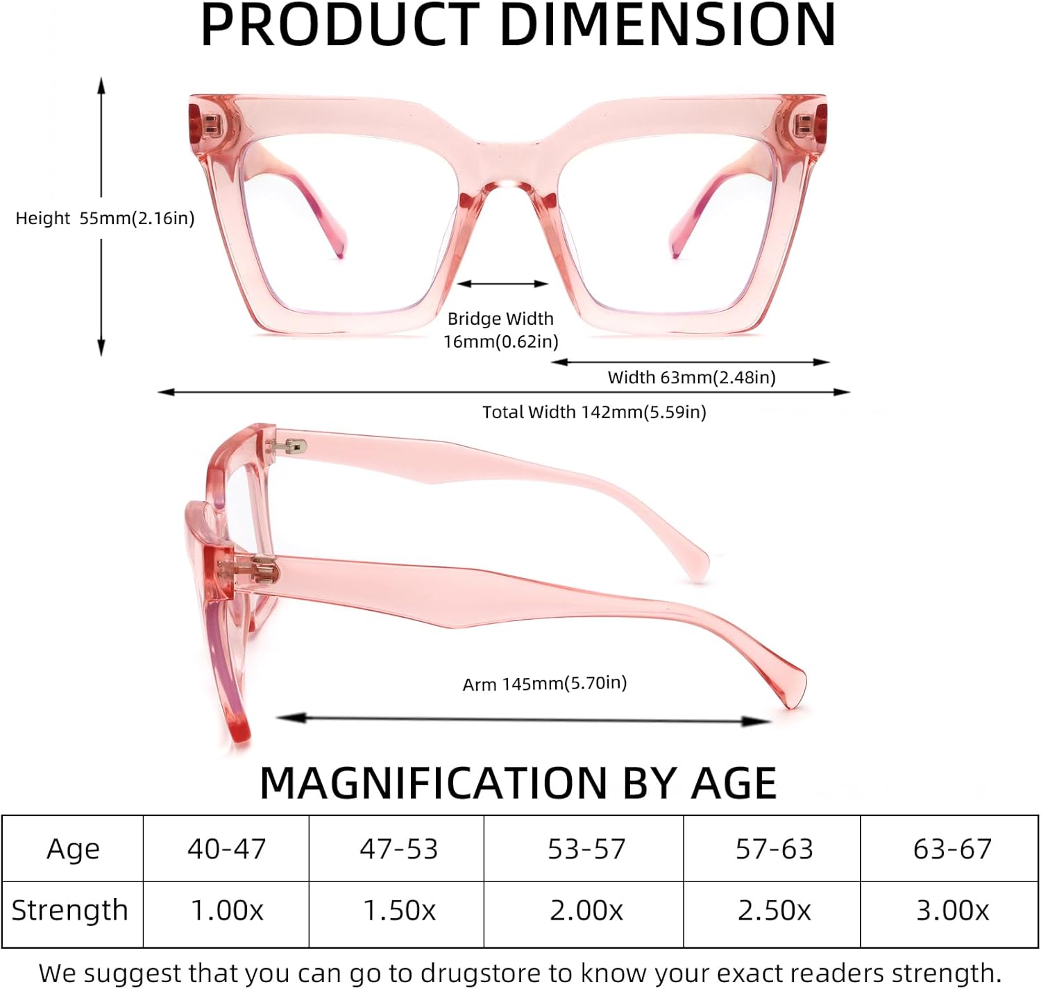 HGIOOIGH Elegantes anteojos de lectura cuadrados de gran tamaño para mujer, bloqueo de luz azul, a la moda, lindos lectores de computadora, estilo