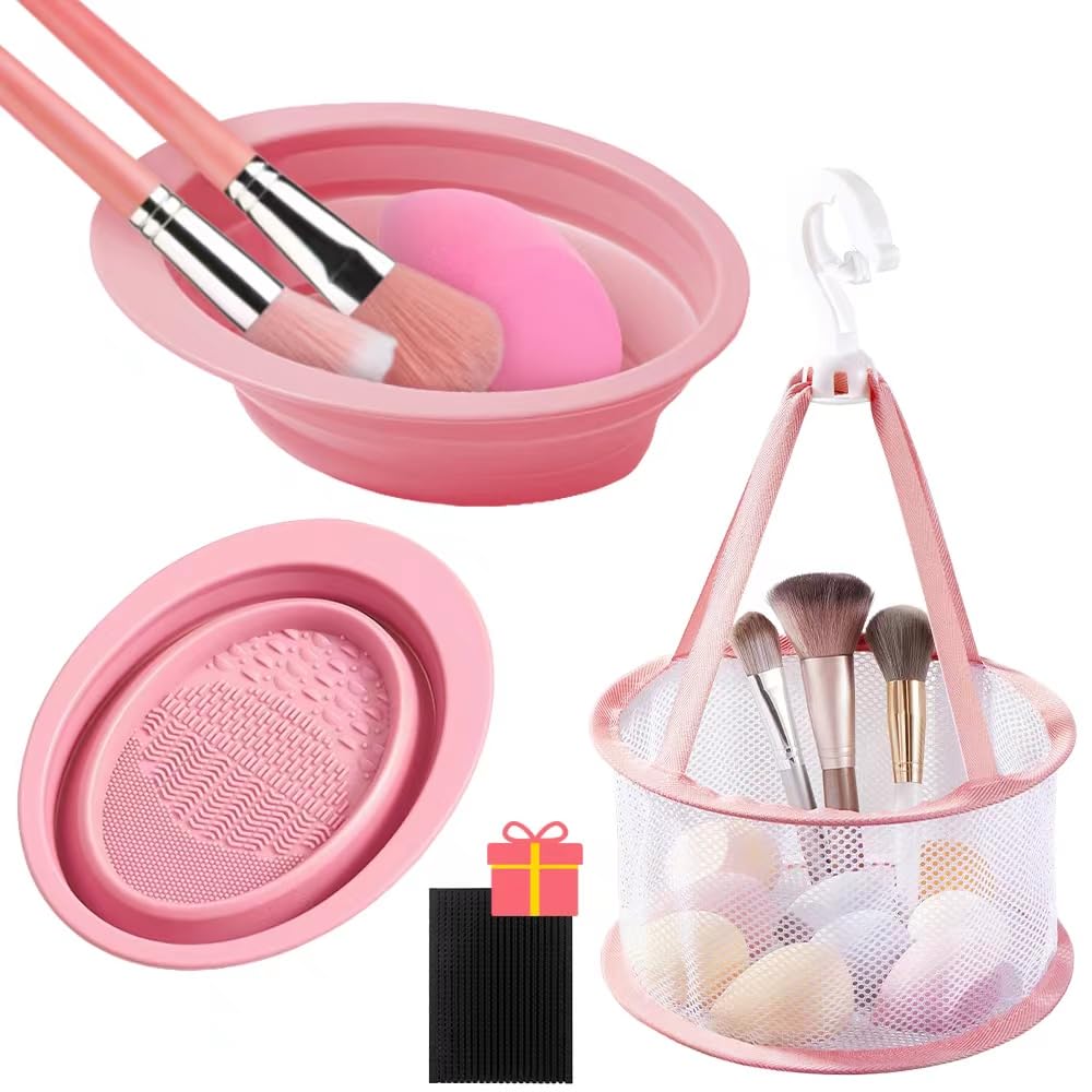 Estera de limpieza de brochas de maquillaje y red de secado colgante, cepillo de maquillaje de silicona plegable Almohadilla de limpieza Tazón de