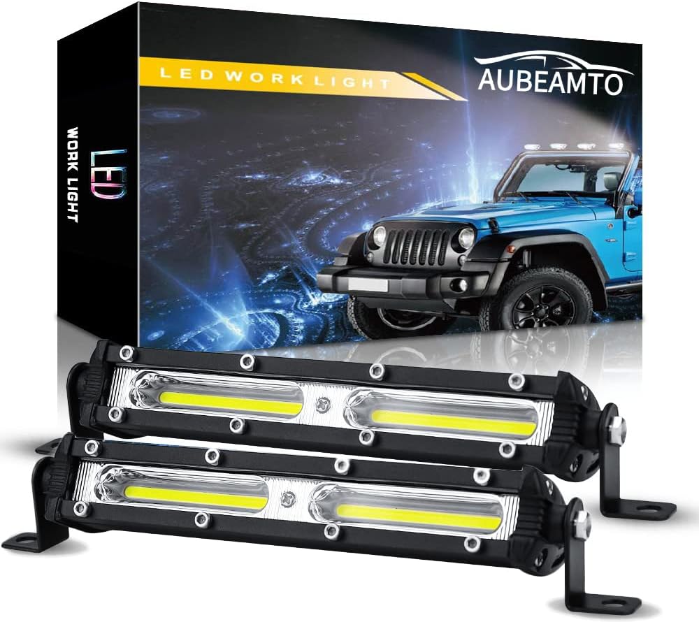 2-Pack 7Inch 26000LM Off-Road Light Bar, AUBEAMTO 80W 6500K White Ultra-Slim LED Light Bar Flood Light Waterproof Off Road Driving Lighting COB LED
