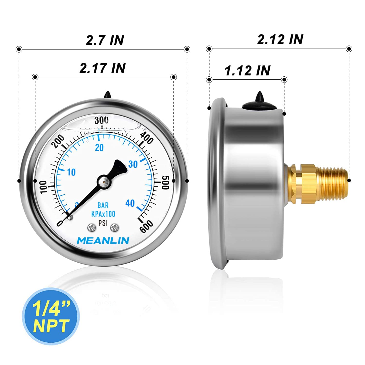 MEANLIN MEASURE – Manómetro de acero inoxidable, relleno de líquido, esfera con cara de 2.5 pulgadas, NPT de 14 de pulgada, agua, aceite y gas,
