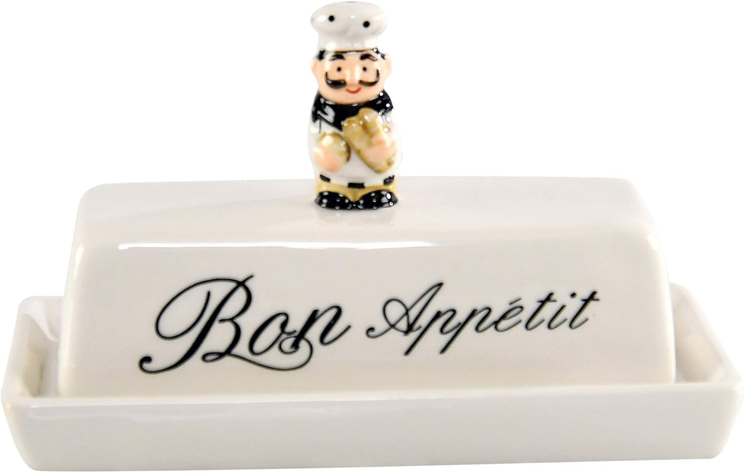 HOME-X Bon Appetit – Mantequillera con tapa, plato blanco para barra de mantequilla, plato con temática de chef, 6  pulgadas de largo x 3  pulgadas