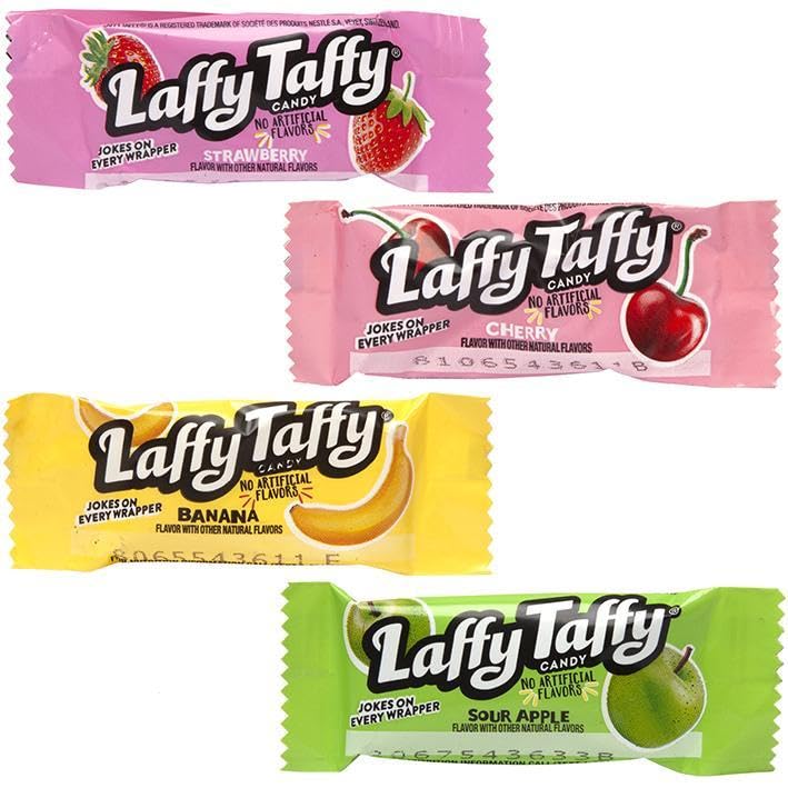 Laffy Taffy – Mini bar de dulces masticables  Delicioso sabor surtido de manzana agria, uva, fresa y plátano envueltos individualmente  Cesta de