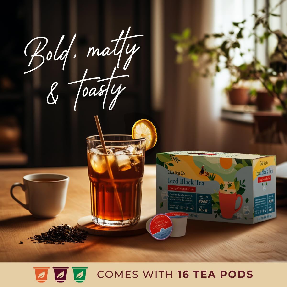 Gya Tea Co K-Cups de té negro helado para Keurig, té K Cups altamente cafeinado sin azúcar, cápsulas de té Keurig para preparación K-Cup, té negro