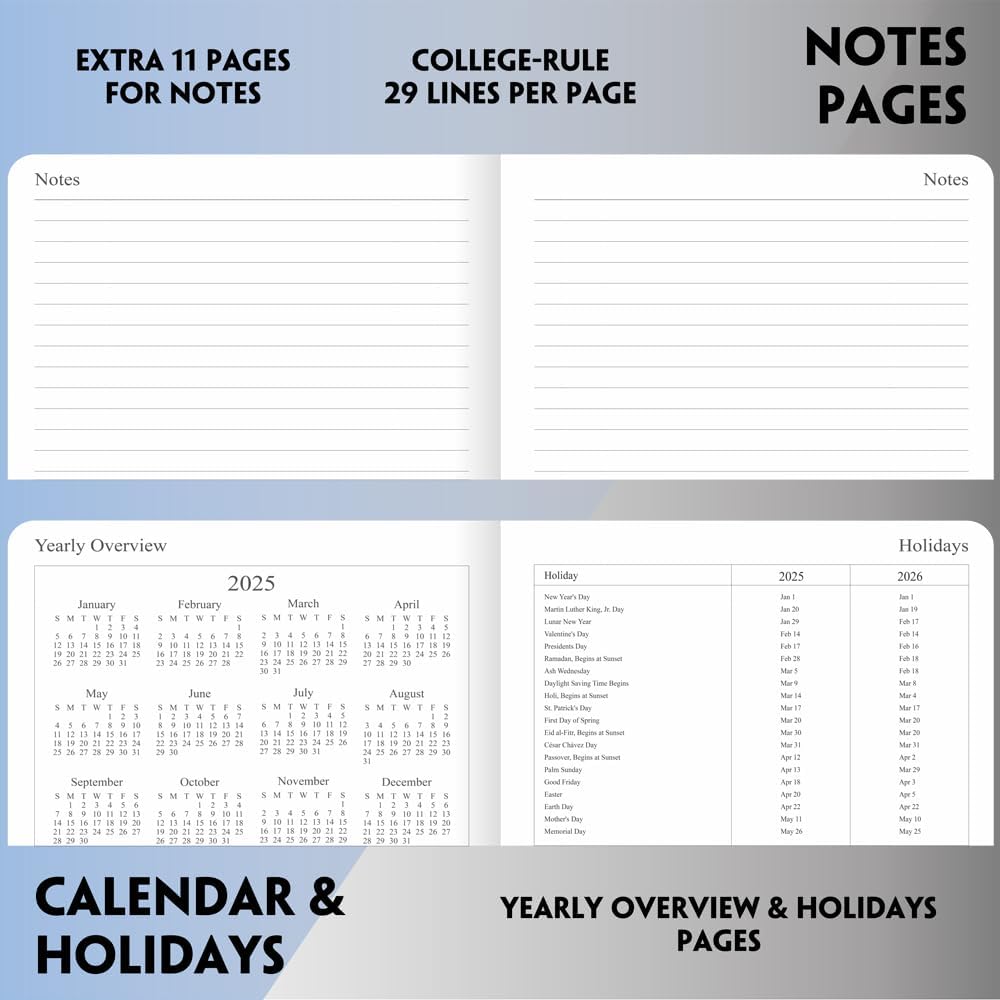 Agenda 2025-2026  Agenda semanal y mensual, octubre 2025 a diciembre 2026, cubierta de cuero vegano, cierre elástico, 7 x 9.25 pulgadas, gris