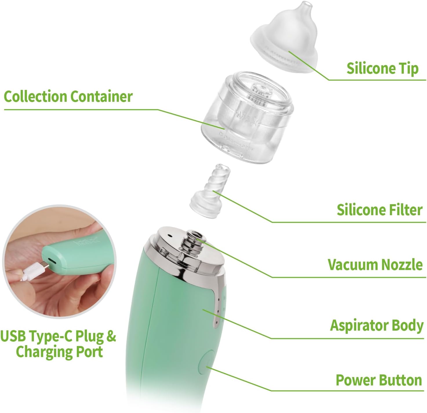 Haakaa Aspirador nasal eléctrico para bebés, limpiador de nariz seguro y fácil de operar para bebés, bebés y niños pequeños, recargable por USB sin