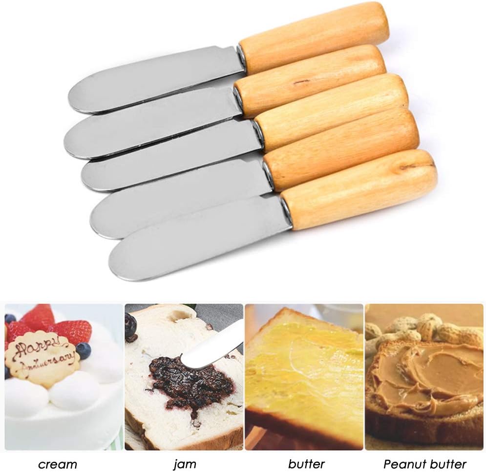 DaKuan Esparcidor de mantequilla con mango de madera, 4 pulgadas, cuchillos para condimentos de queso crema, juego de 6