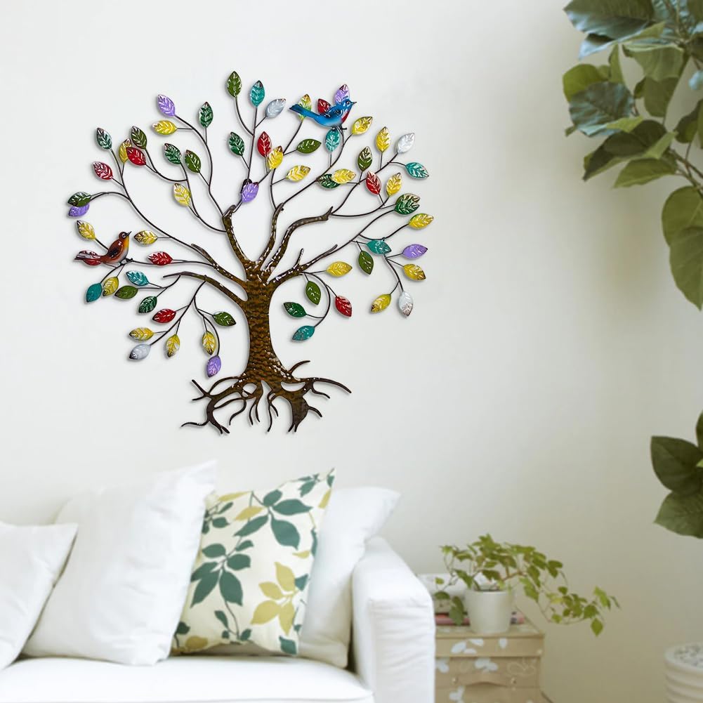 VEWOSTAR Arte de pared de metal para sala de estar, decoración del hogar, hojas coloridas, escultura de pared, árbol de la vida, hecho a mano,