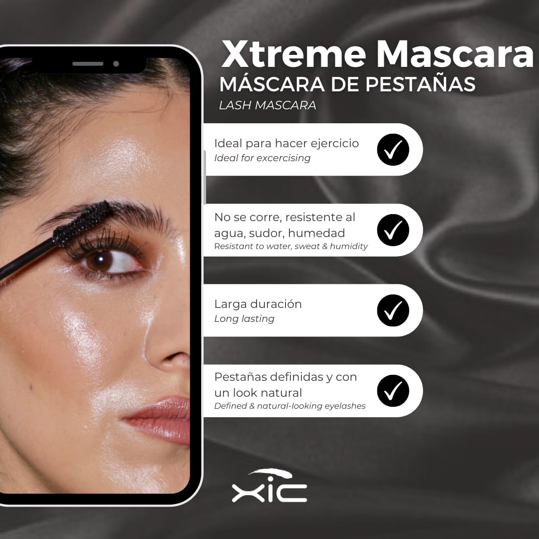 XiC Glam. Máscara negra intensa, no baja las pestañas, resistente al sudor, máscara impermeable especial para ejercicios y extracciones. Sin grumos.