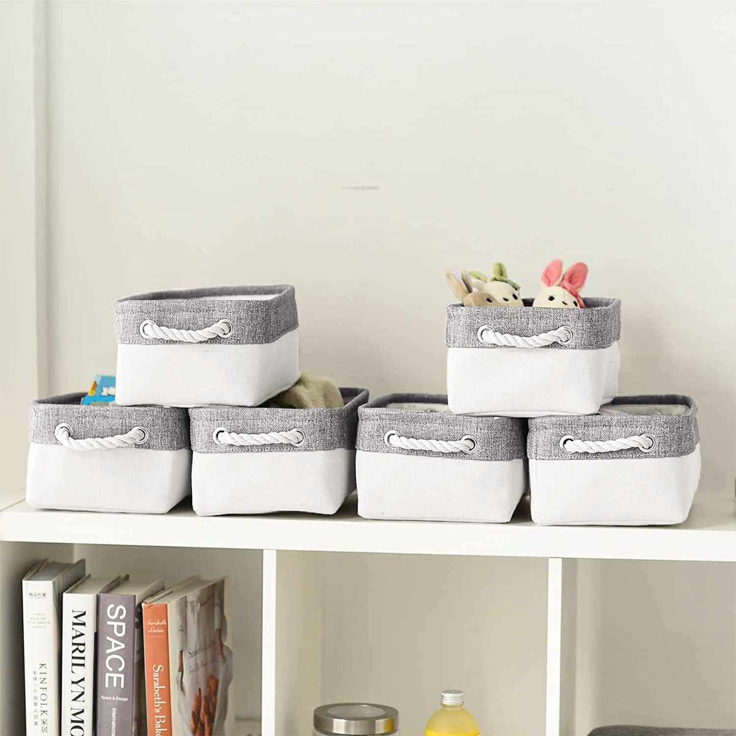 Contenedores de almacenamiento  Cestas de almacenamiento para estantes, cubos de almacenamiento con asas, cestas pequeñas para organizar (gris y