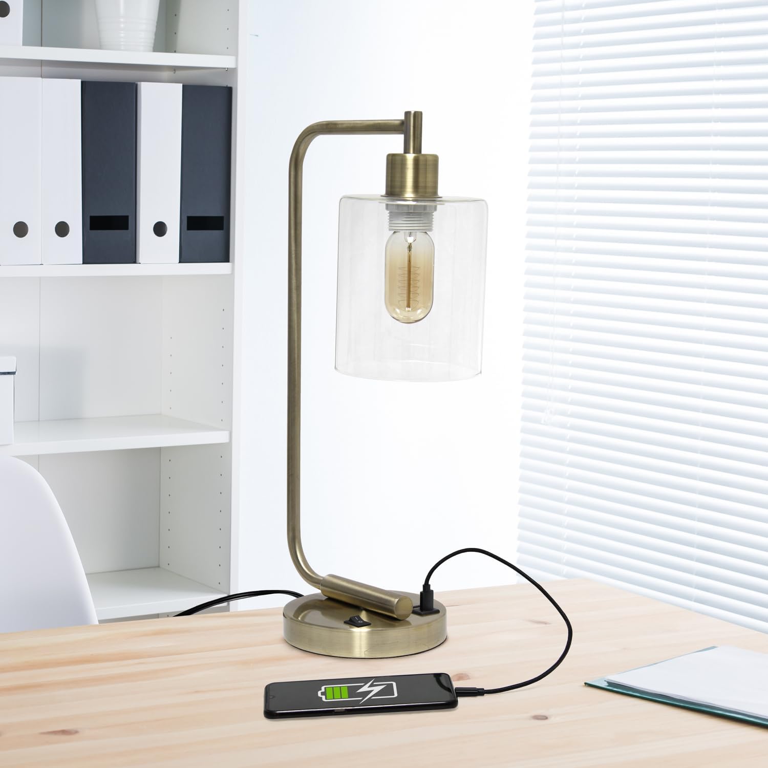 Simple Designs LD1066-BLK Bronson Lámpara de mesa de mesa de mesa de mesa de hierro industrial estilo antiguo con 2 puertos de carga USB duales y