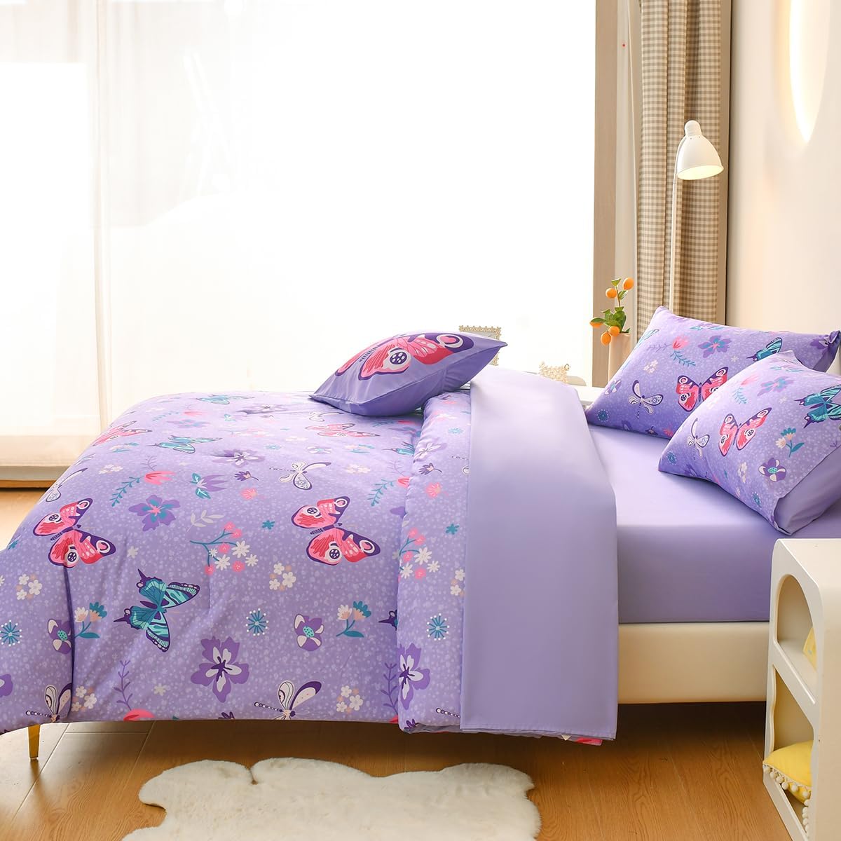 Tasselily Juego de ropa de cama de mariposa matrimonial, juego de edredón de mariposa púrpura para niñas, niños y adolescentes, 6 piezas de cama en