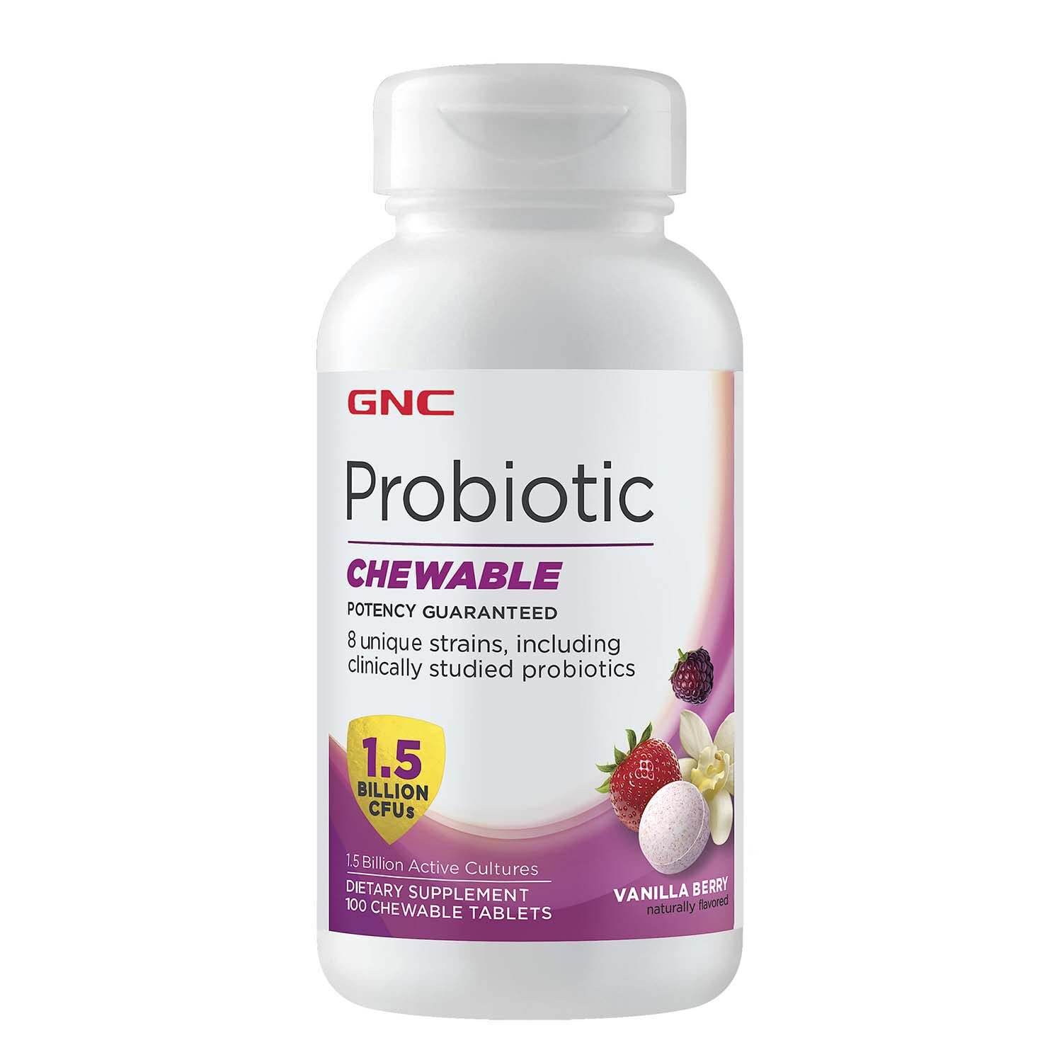 GNC Probiótico masticable con 1.5 mil millones de UFC  Vanilla Berry, 100 tabletas, apoyo probiótico diario
