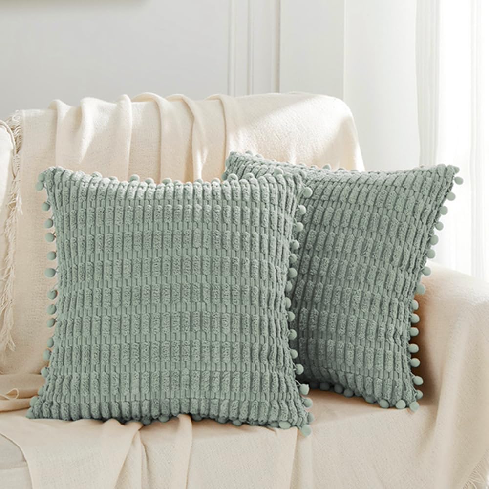 Fancy Homi Paquete de 2 fundas de almohada decorativas de granja azul grisáceo de 18 x 18 pulgadas con pompones para sofá y cama, decoración rústica