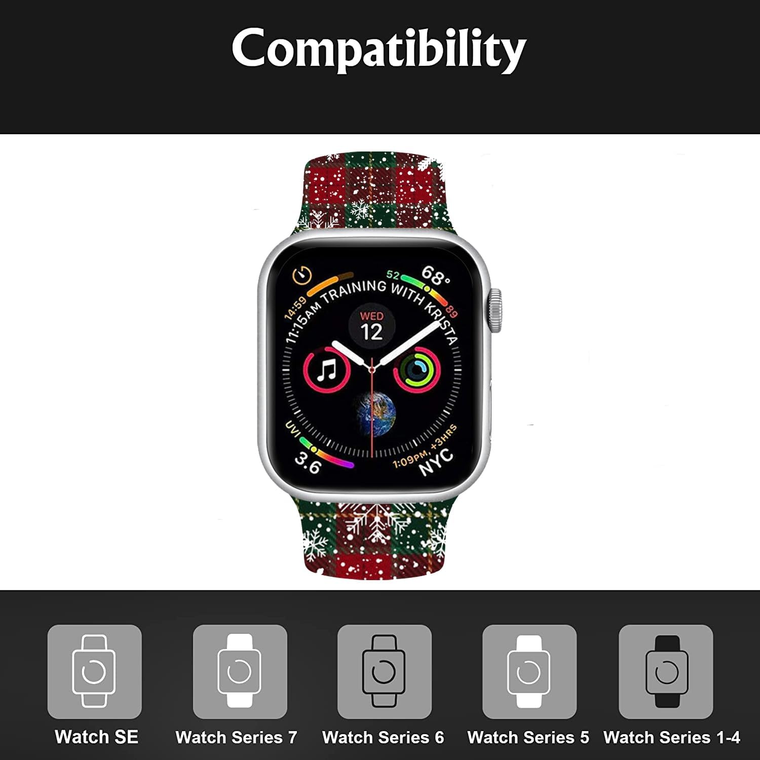 Correa deportiva de Navidad compatible con iWatch de 1.496 in 1.575 in 1.654 in 1.732 in para mujeres, hombres y niñas, correas ajustables de