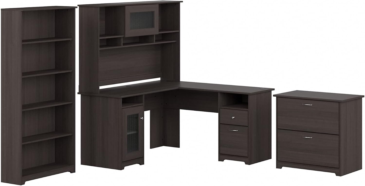 Bush Furniture – Escritorio en forma de L con gabinete, estantería de 5 estantes y archivador lateral  Mesa esquinera para computadora con