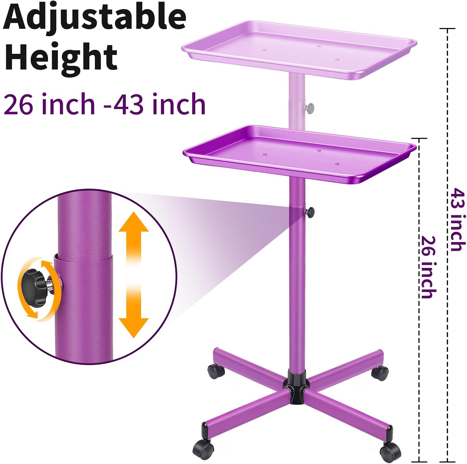 Wuissvnb Salon Tray, Salon Tray on Wheels, Premium Aluminum Salon Tray, Hair Stylist Tray, Tattoo Tray, Height Adjustable Salon Service Tray(Purple)