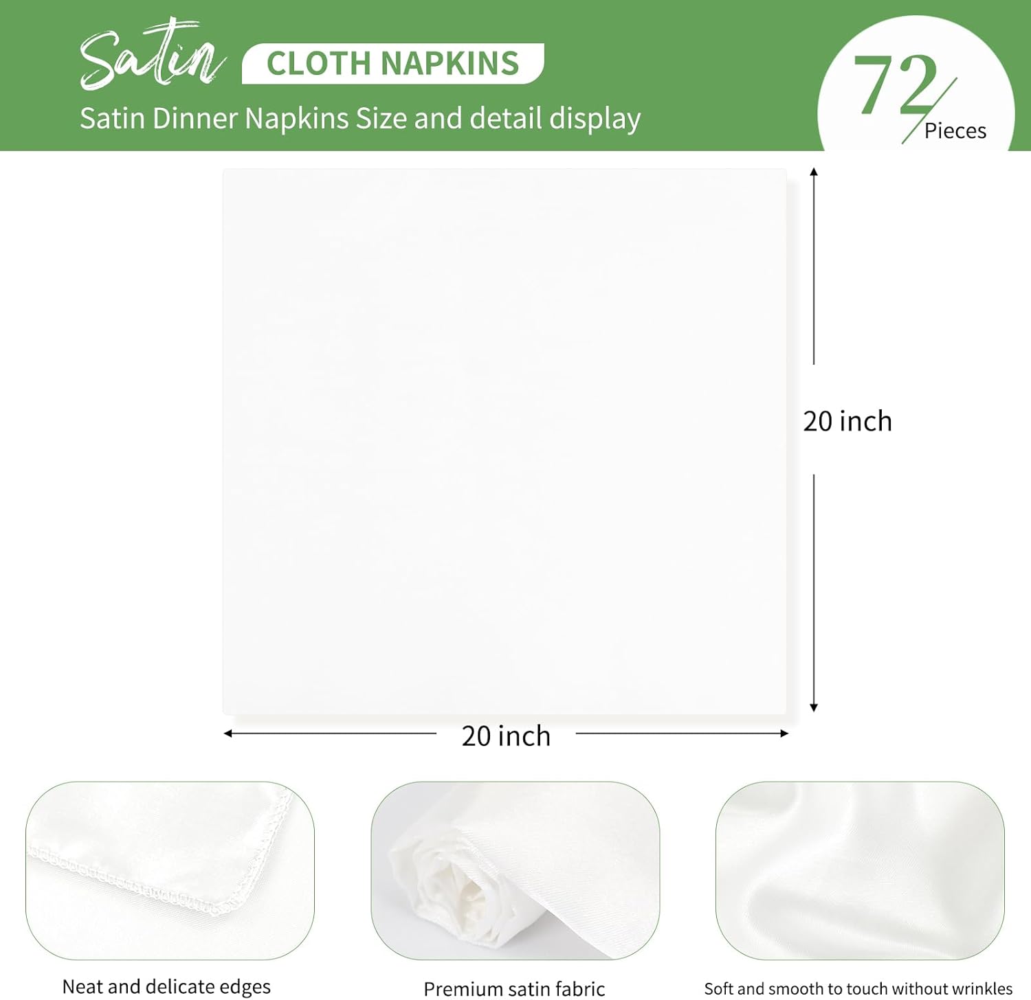 Paquete de 72 servilletas cuadradas de tela de satén de 20 x 20 pulgadas, servilletas de seda lavables, reutilizables, servilletas de mesa de tela