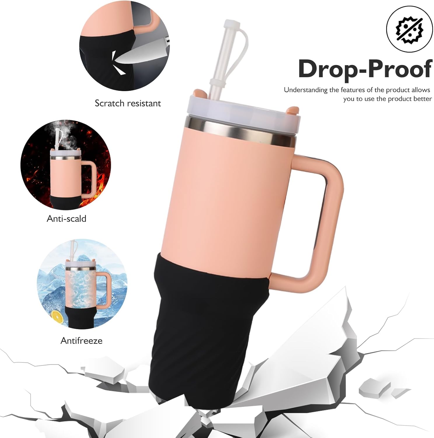 Juego de tapones a prueba de derrames y funda de silicona para vaso Stanley Quencher H2.0 FlowState de 40 onzas, incluye 1 funda para botas, 1 tapa