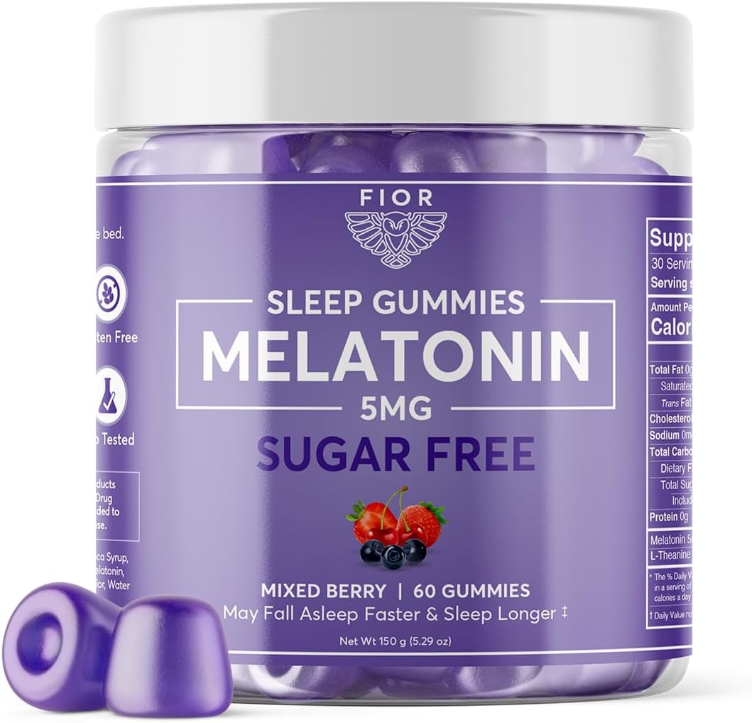 FIOR Gomitas de melatonina sin azúcar, 60 unidades para ayudar a dormir y calmar, gomitas de melatonina para adultos y niños. Gomitas de vitaminas