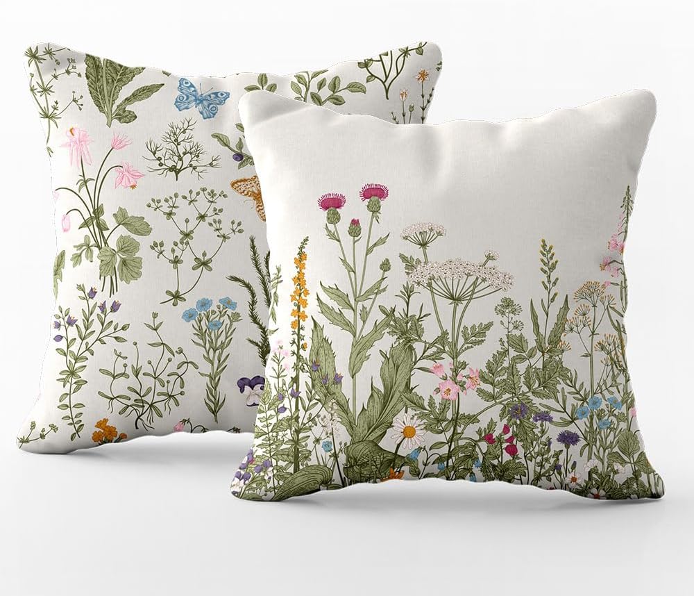 Funda de almohada floral de flores, hierbas botánicas, flores silvestres, plantas de jardín, acuarela, floral, hojas verdes salvia, ropa de cama