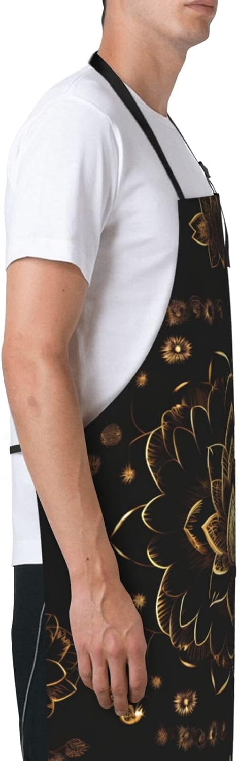 JENKEM Delantal impermeable de flores de loto dorado con bolsillos delantales de cocina ajustables babero de cocina para hornear hogar