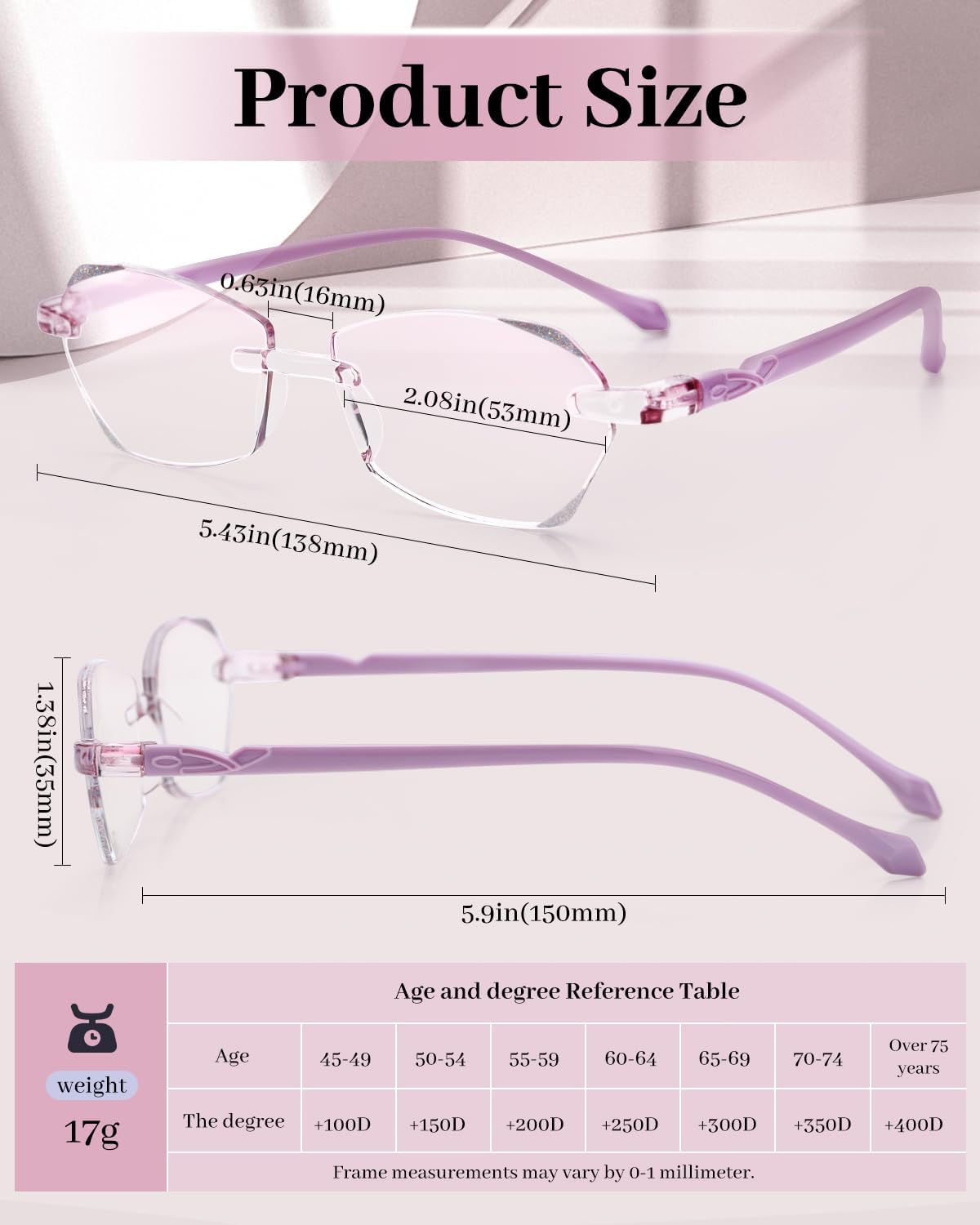 LUFF Anteojos de lectura antiluz azul sin montura para mujer, elegantes lentes de lectura sin marco con borde cortado de diamante, lectores de metal