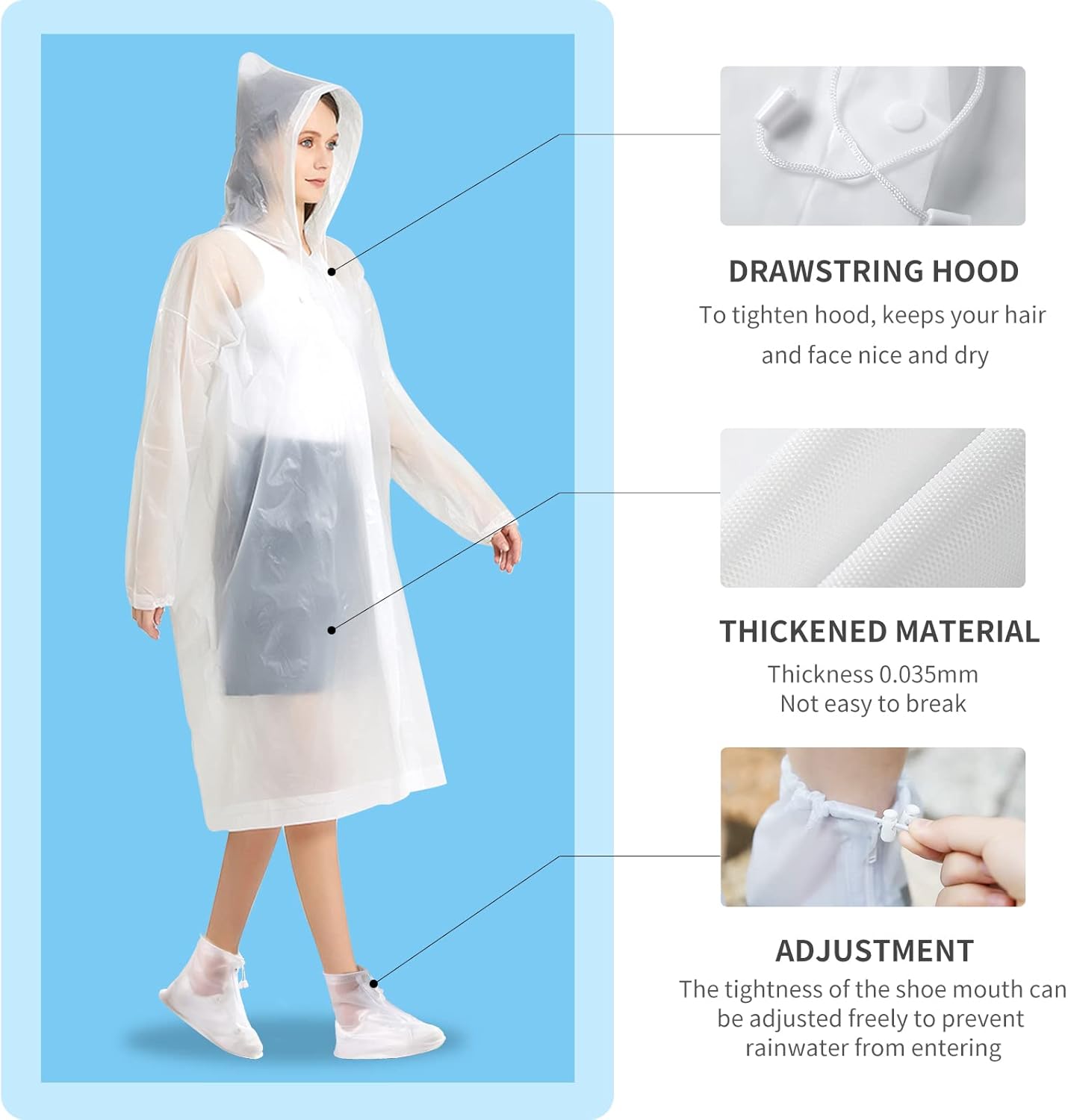 Ponchos de lluvia para adultos, ponchos para adultos con fundas impermeables para zapatos, abrigos de lluvia reutilizables con capucha y mangas,