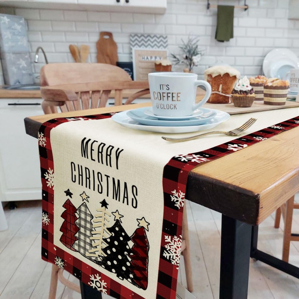 Camino de mesa de Navidad con copos de nieve de búfalo rojo y negro, decoración de mesa de comedor para interiores y exteriores, decoración de