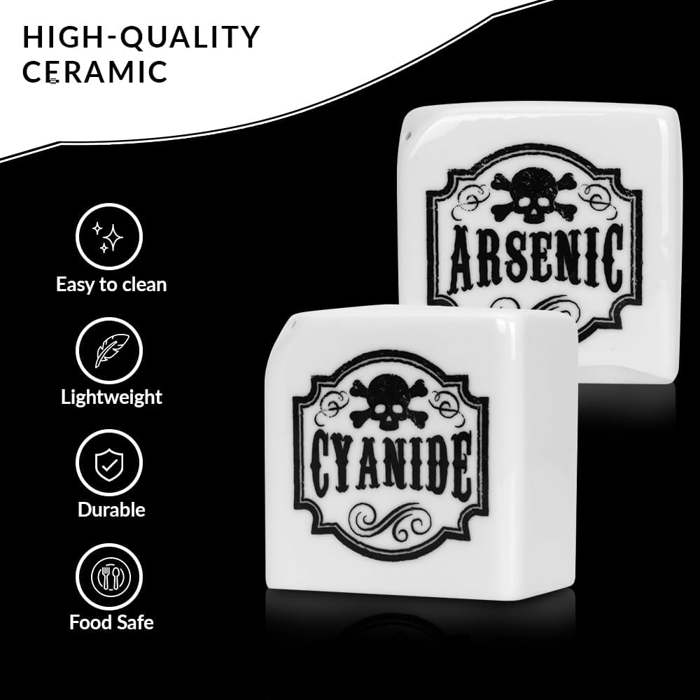 Juego de saleros y pimenteros de cerámica, juego de coctelero de especias con etiquetas de arsénico y cianuro de estilo gótico boticario, bonitos
