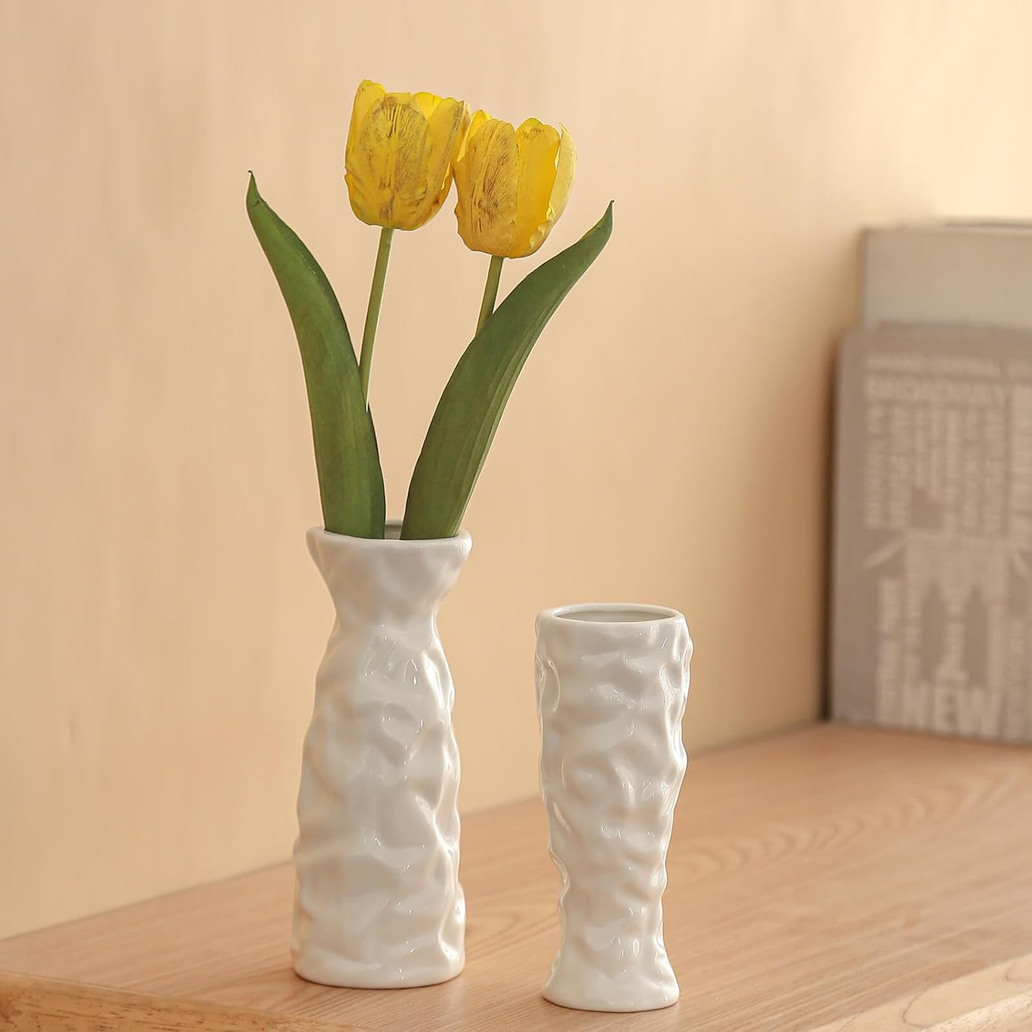 Florero de cerámica blanca  Juego de 2 jarrones de papel  Jarrones decorativos bohemios modernos para flores y hierba de pampas  Sala de estar,