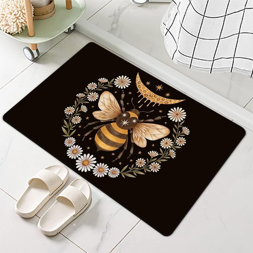 Tapete de baño de tierra de diatomeas, diseño de flores y abejas, antideslizante, súper absorbente, de secado rápido, para baño, cocina, puerta,