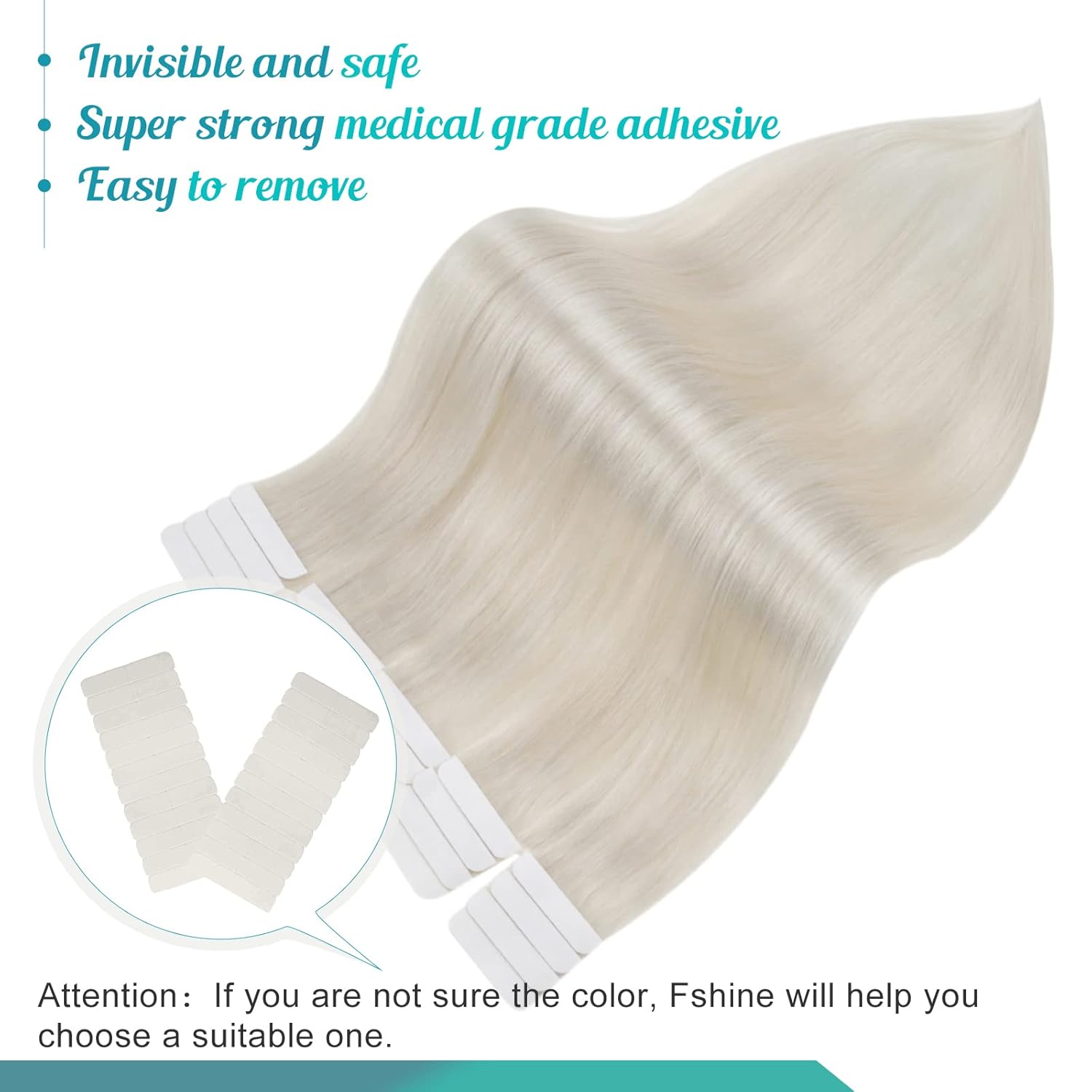 Fshine Extensiones de cabello humano Remy con cinta adhesiva, color rubio blanco, extensiones de cabello natural, sedosas, lacias, rubias, suaves y