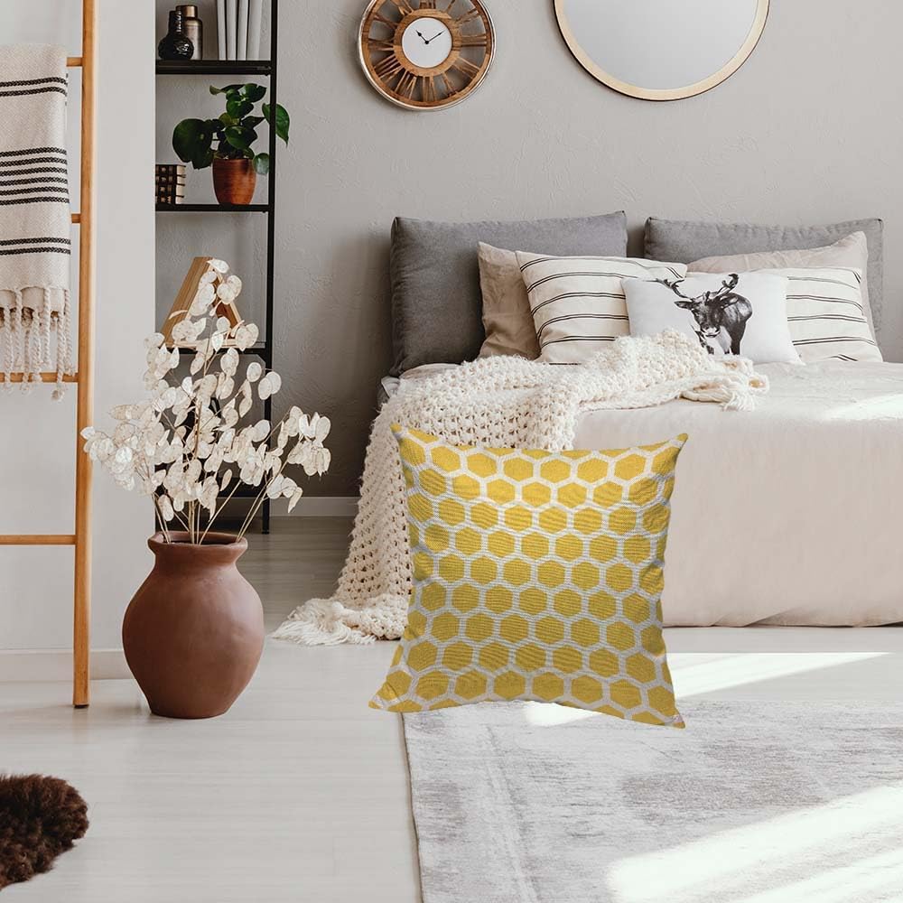 HOSNYE Funda de cojín con diseño de panales de abeja, color amarillo y blanco, patrón abstracto de algodón y lino para sofá, cama, sofá, automóvil,