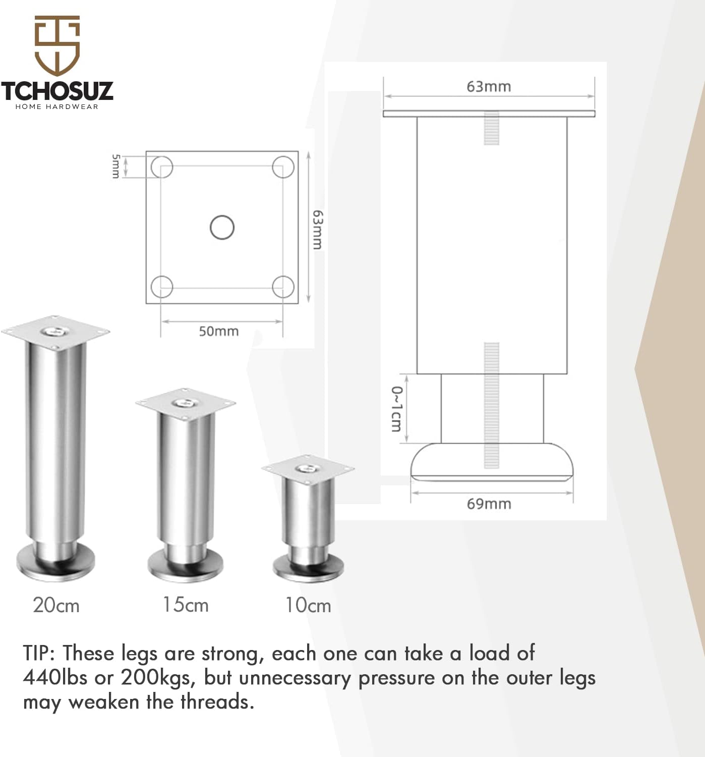 Patas de metal para muebles de 8 pulgadas  7.9 in, paquete de 4 patas de repuesto modernas de acero inoxidable para proyectos de bricolaje en el