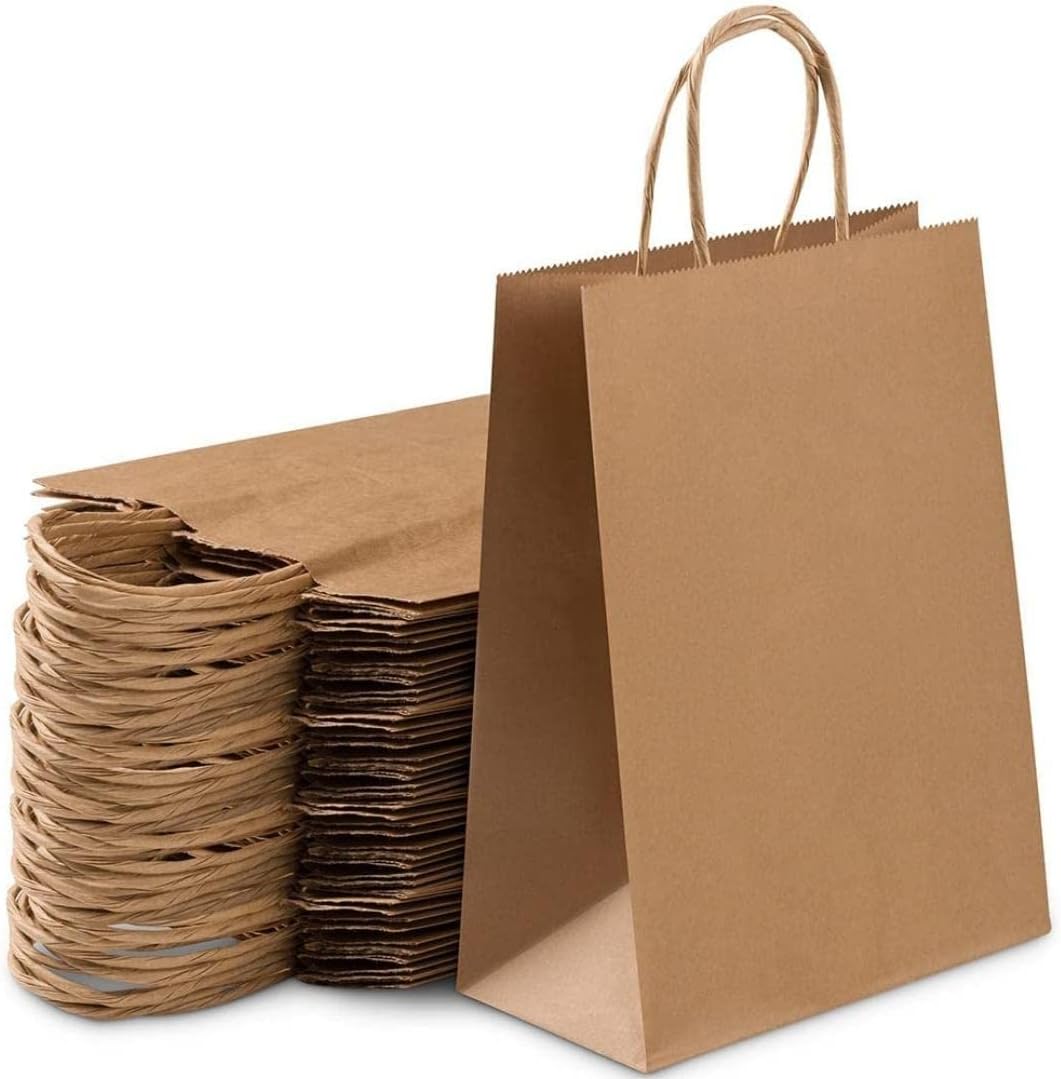Bolsas de papel kraft marrón a granel con asas (250 piezas) de 5.75 x 3.25 x 8.5 pulgadas, perfectas para compras, comestibles, regalos, bodas,