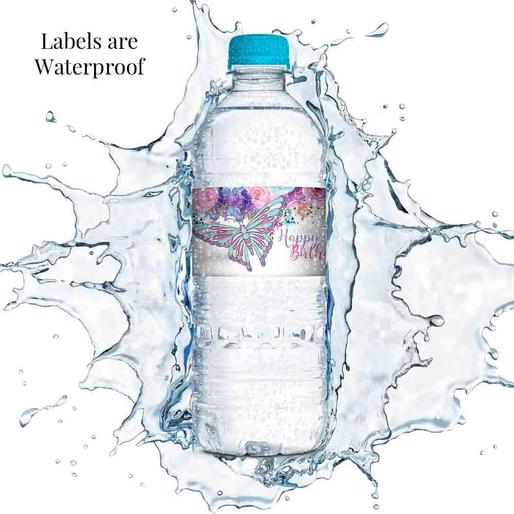 AmandaCreation – Envoltura de calcomanías impermeables para botellas de agua con temática de mariposas y acuarelas florales, 20 etiquetas