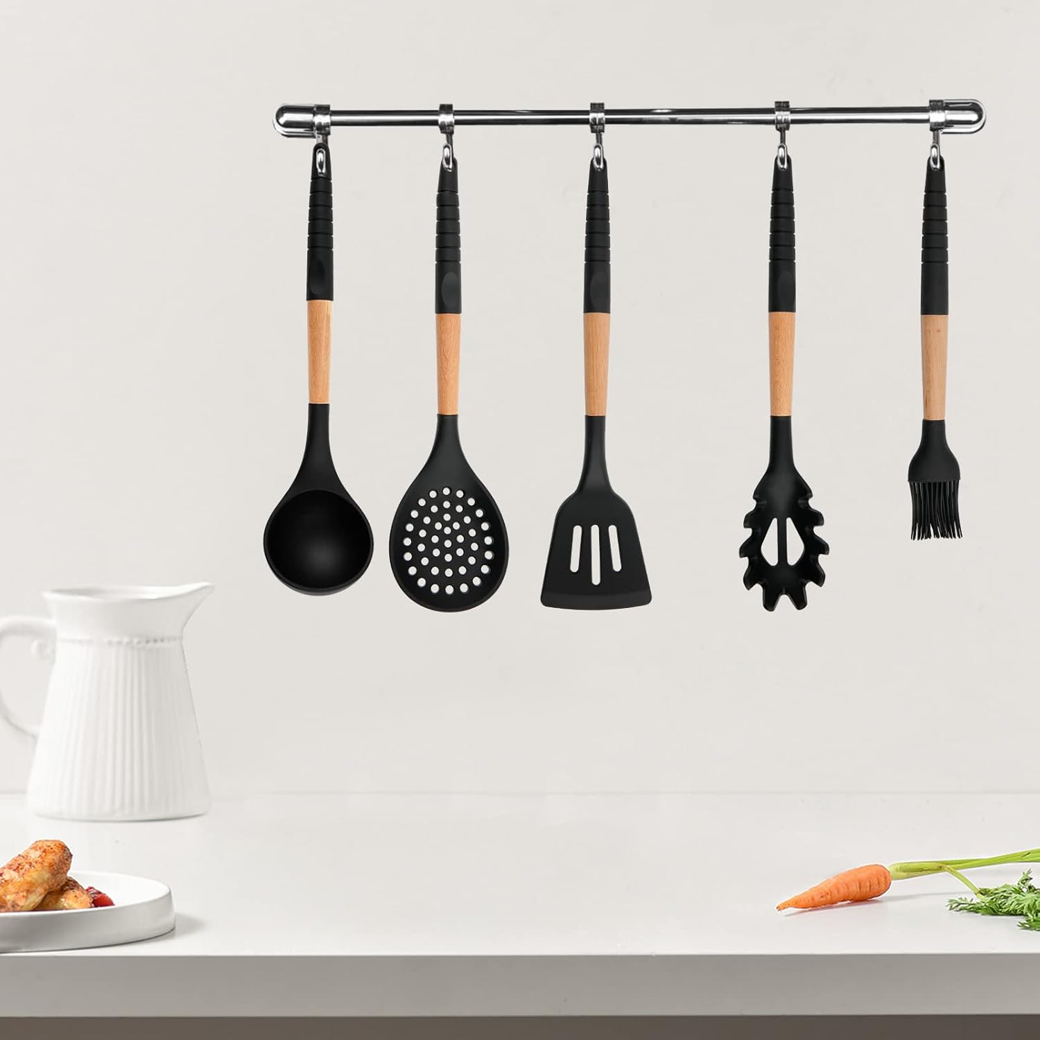 Cucharón de cocina, cuchara ranurada grande con alta resistencia al calor, sin BPA, antiadherente, para drenar, freír (negro)