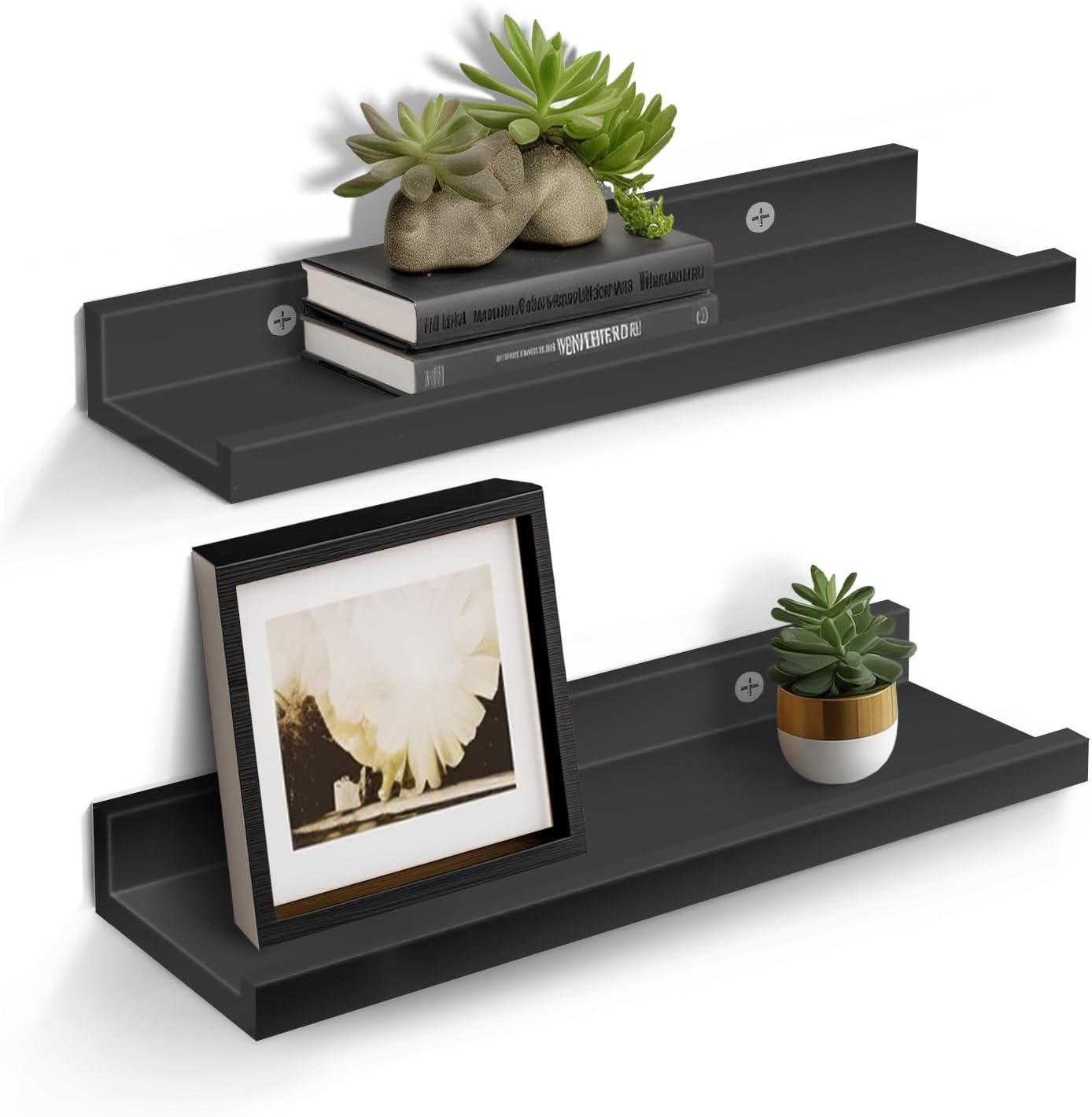 Estantes flotantes pequeños de 16 pulgadas para almacenamiento de decoración de pared, juego de 2, madera para dormitorio, sala de estar, baño,