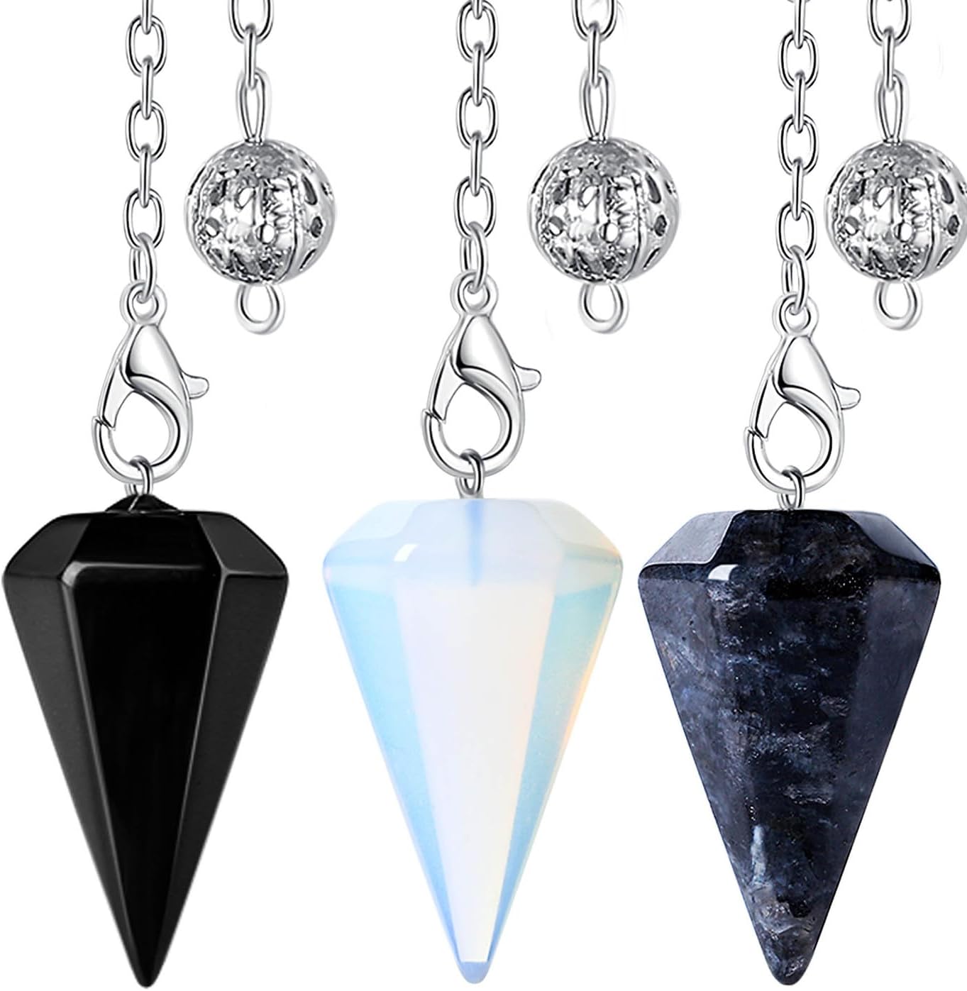 DUQGUHO Juego de 3 péndulos de cristal de brujería, accesorios Wiccan, herramientas de adivinación, ópalo natural, labradorita, obsidiana, cristal