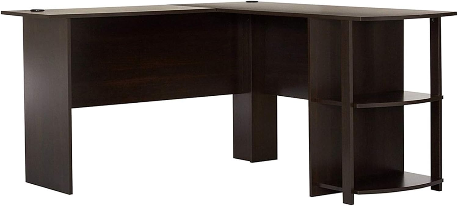 JASOYA Escritorio para computadora de madera en forma de L en ángulo recto con estantes de dos capas, color marrón oscuro para dormitorio, sala de