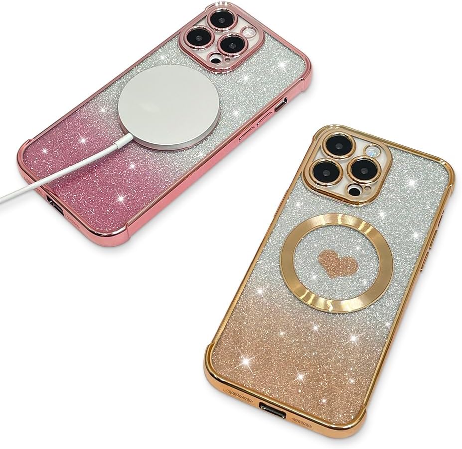 AIGOMARA Funda magnética transparente con purpurina para iPhone 15 Pro, compatible con Magsafe, cubierta de TPU suave chapado de lujo con corazones
