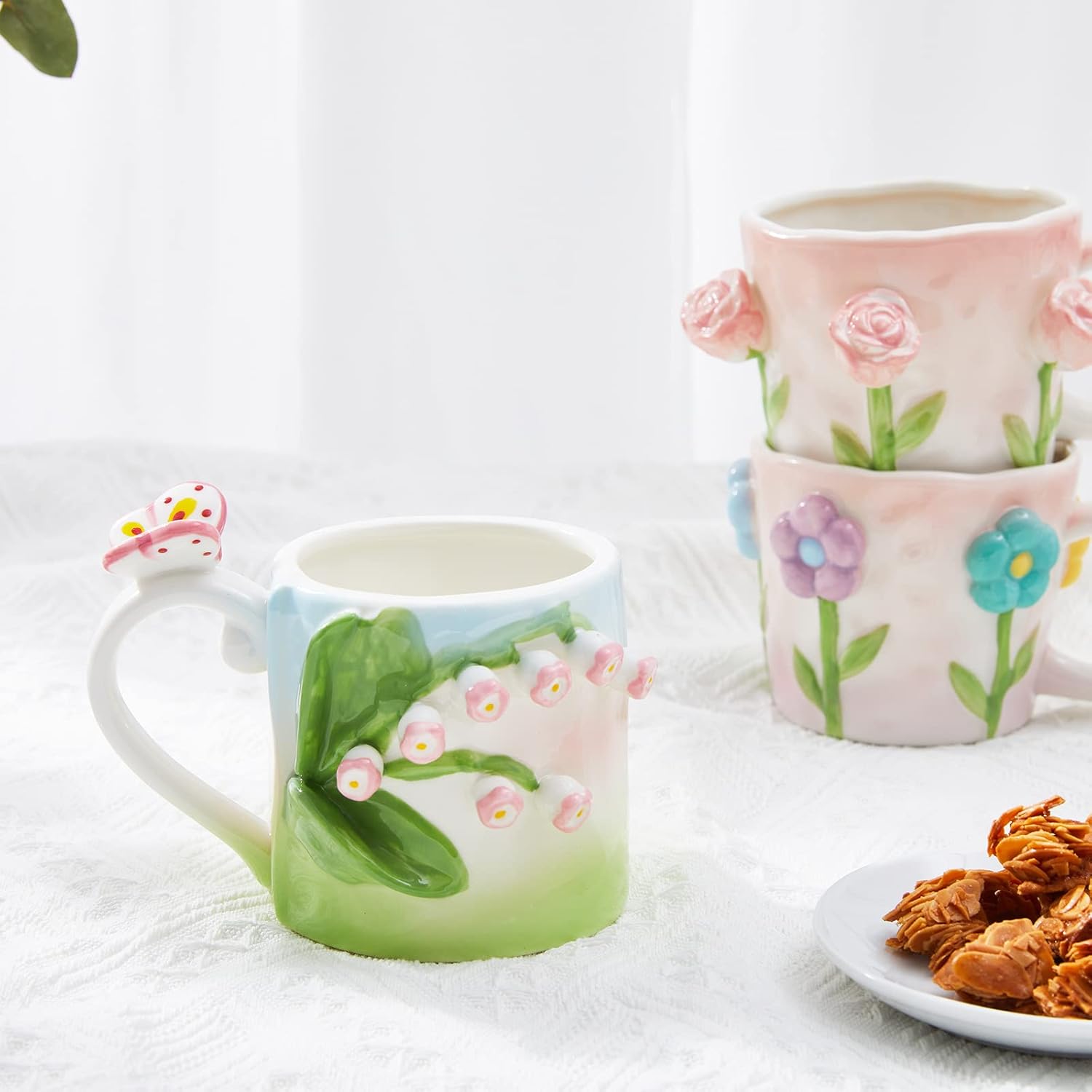 Szoyeay Taza de café con flores 3D, taza de cerámica de hortensias rosas, 12 onzas, lindas tazas hechas a mano, sorpresa de cumpleaños de Navidad