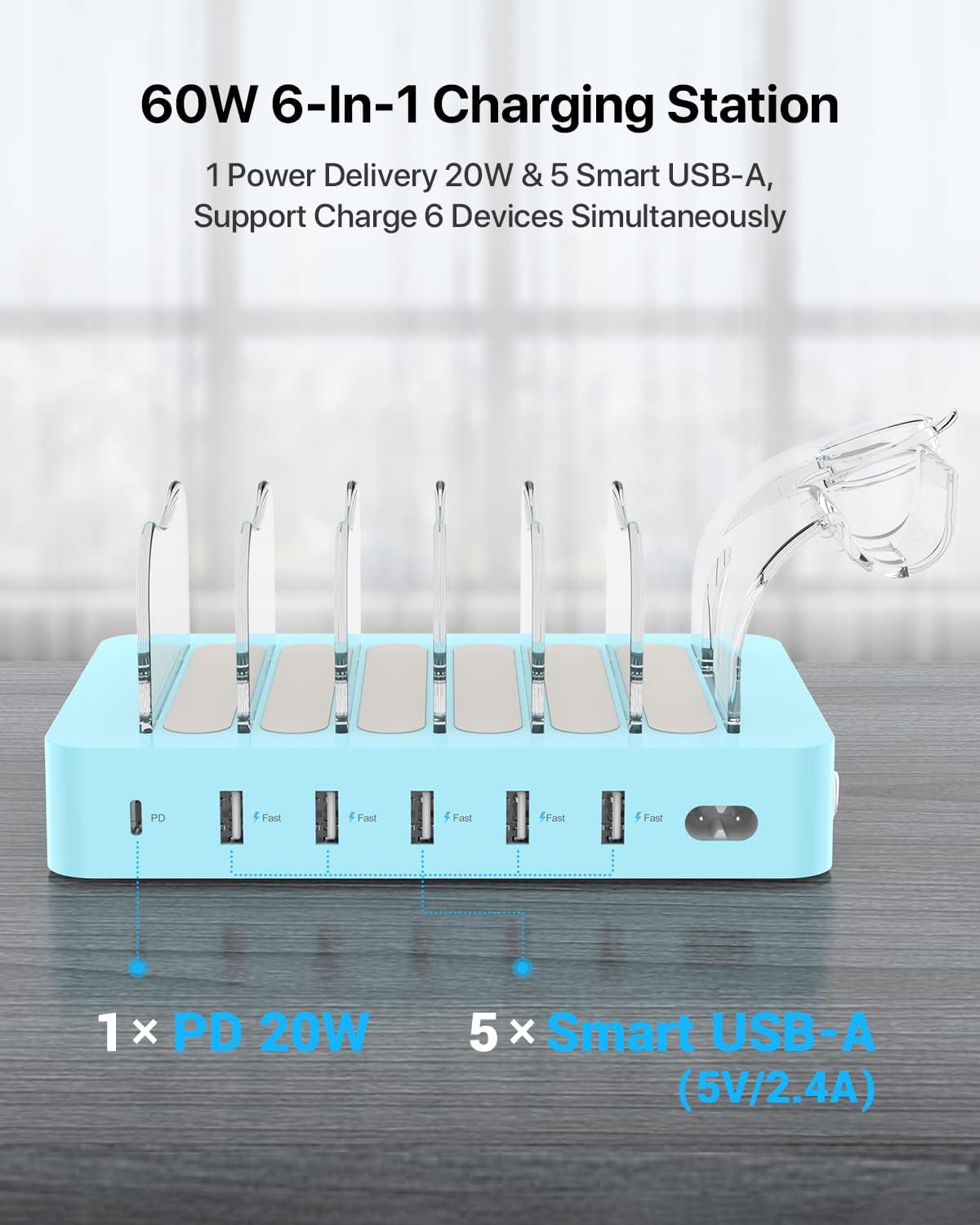 SooPii Estación de carga PD de 60 W y 6 puertos para múltiples dispositivos, 20 W PD USB C carga rápida para lPhone 141312, 6 cables cortos