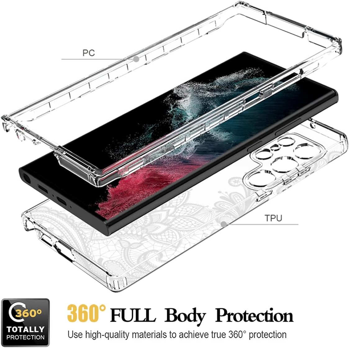 Funda para Galaxy S23 Ultra, Samsung S23 Ultra SM-S918U con protector de pantalla de vidrio templado, funda protectora de cuerpo completo con patrón