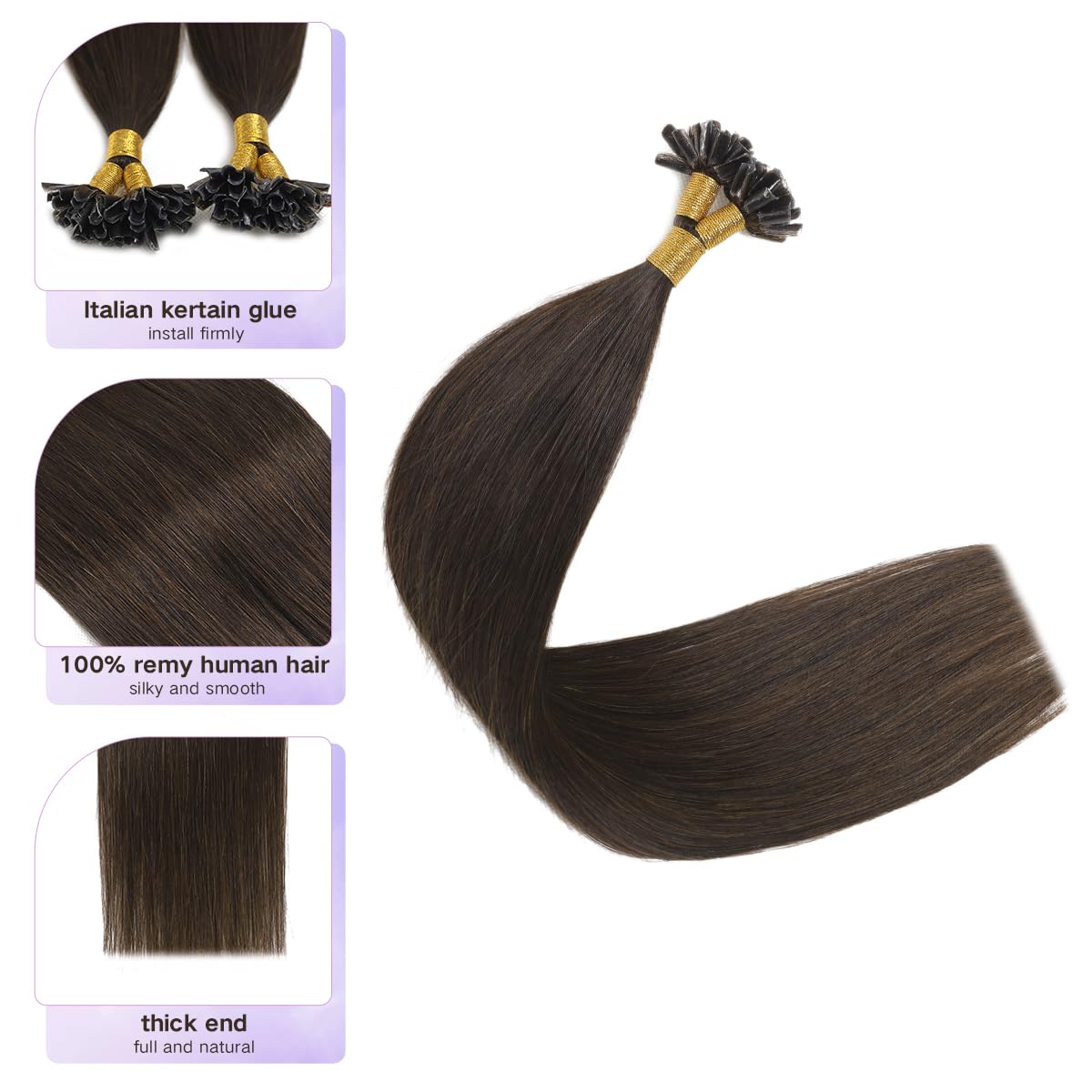 Sindra Puntas de extensiones de uñas, cabello humano real, color marrón oscuro, 18 pulgadas, 50 hebras, 1.76 oz, queratina en U, extensiones de